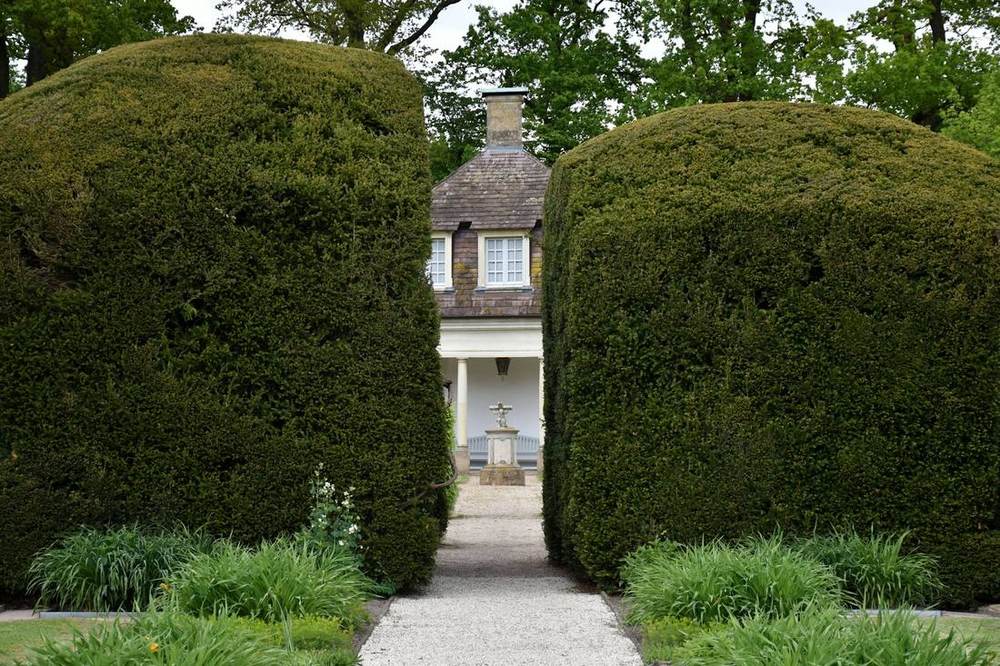 A gravel path between two tall clipped yew hedges, leading to a small pale building