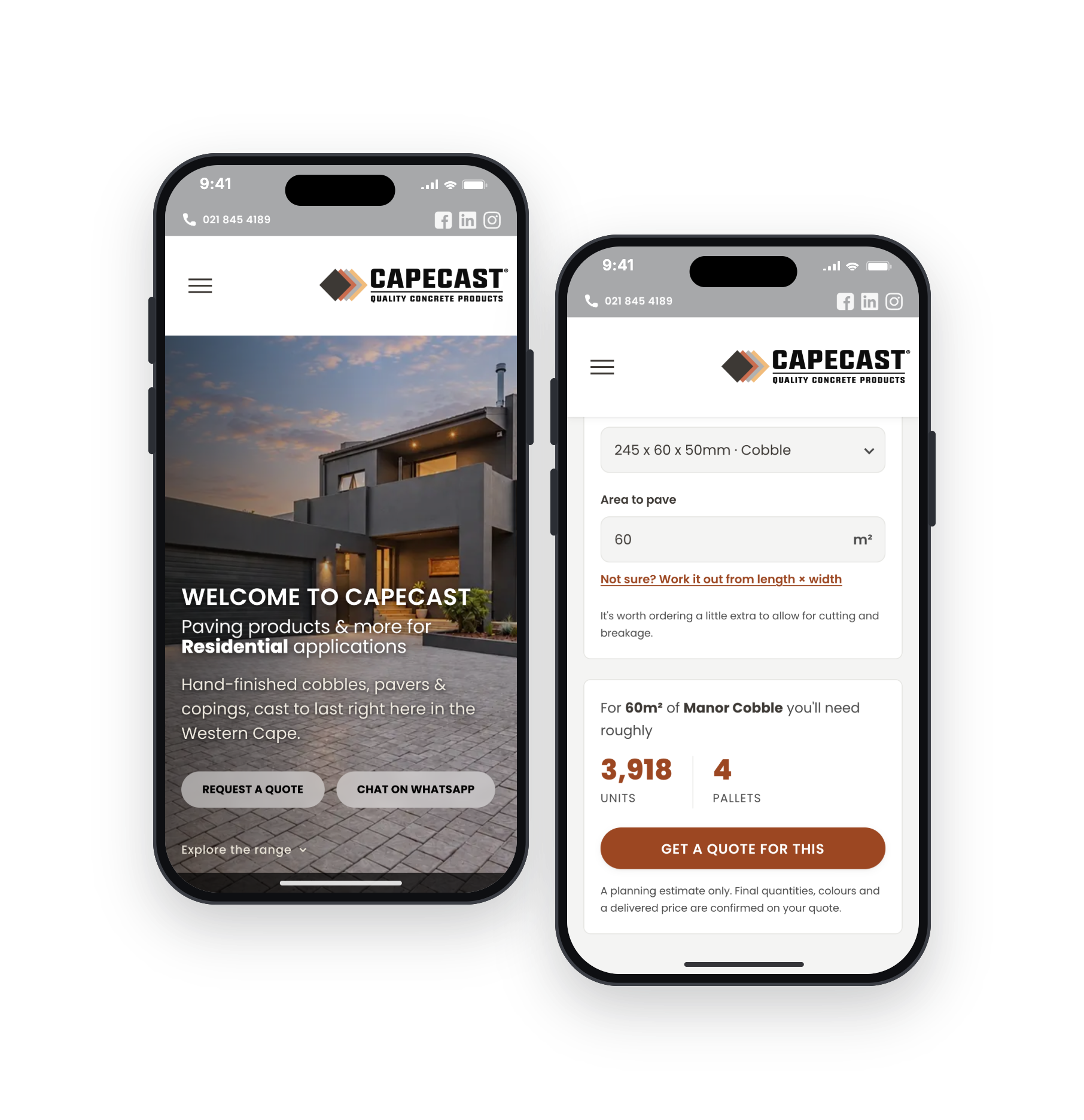 CAPECAST homepage and paving calculator on iPhones
